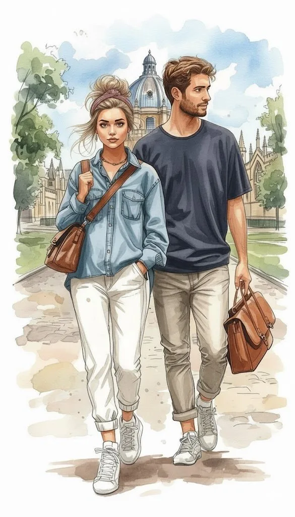 คู่รักมีสไตล์หน้าสถาบันยุโรป: ภาพสีน้ำ 1