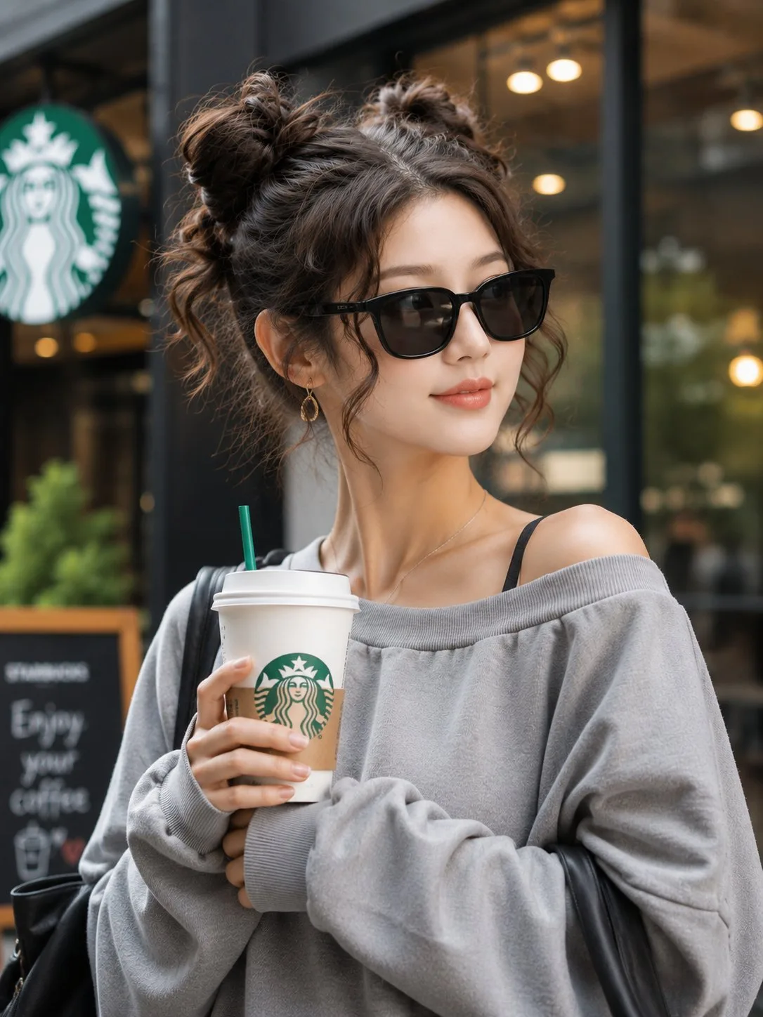 สาวเอเชียสุดชิคกับกาแฟหน้าร้าน Starbucks 1