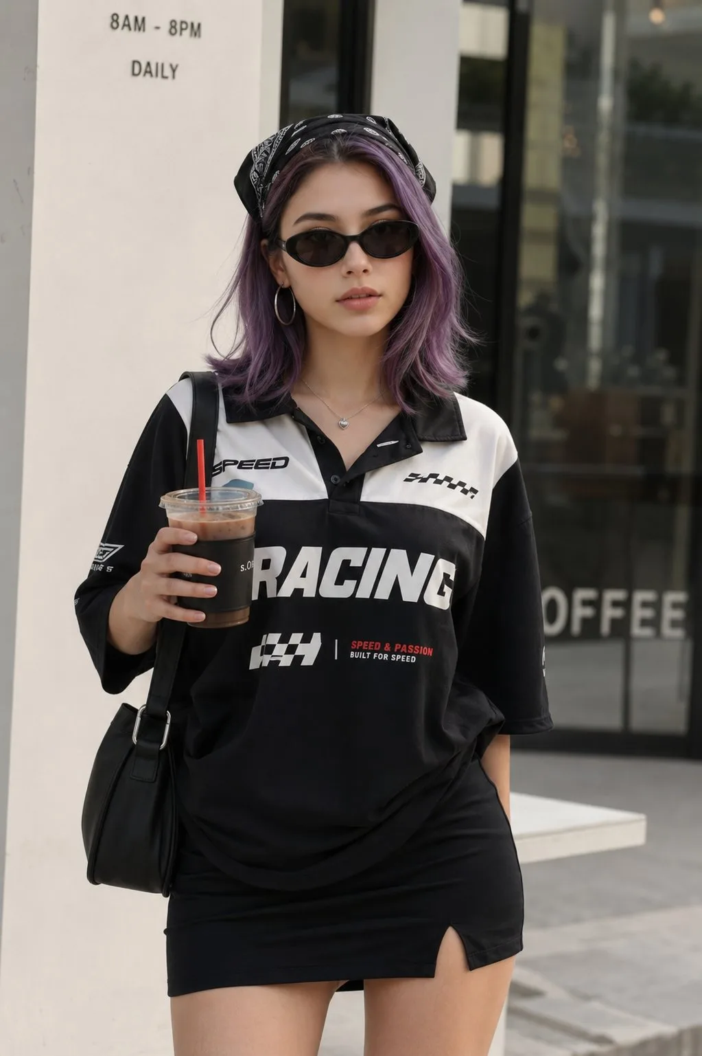 สาวแฟชั่นผมม่วง ถือกาแฟ หน้าคาเฟ่ 1