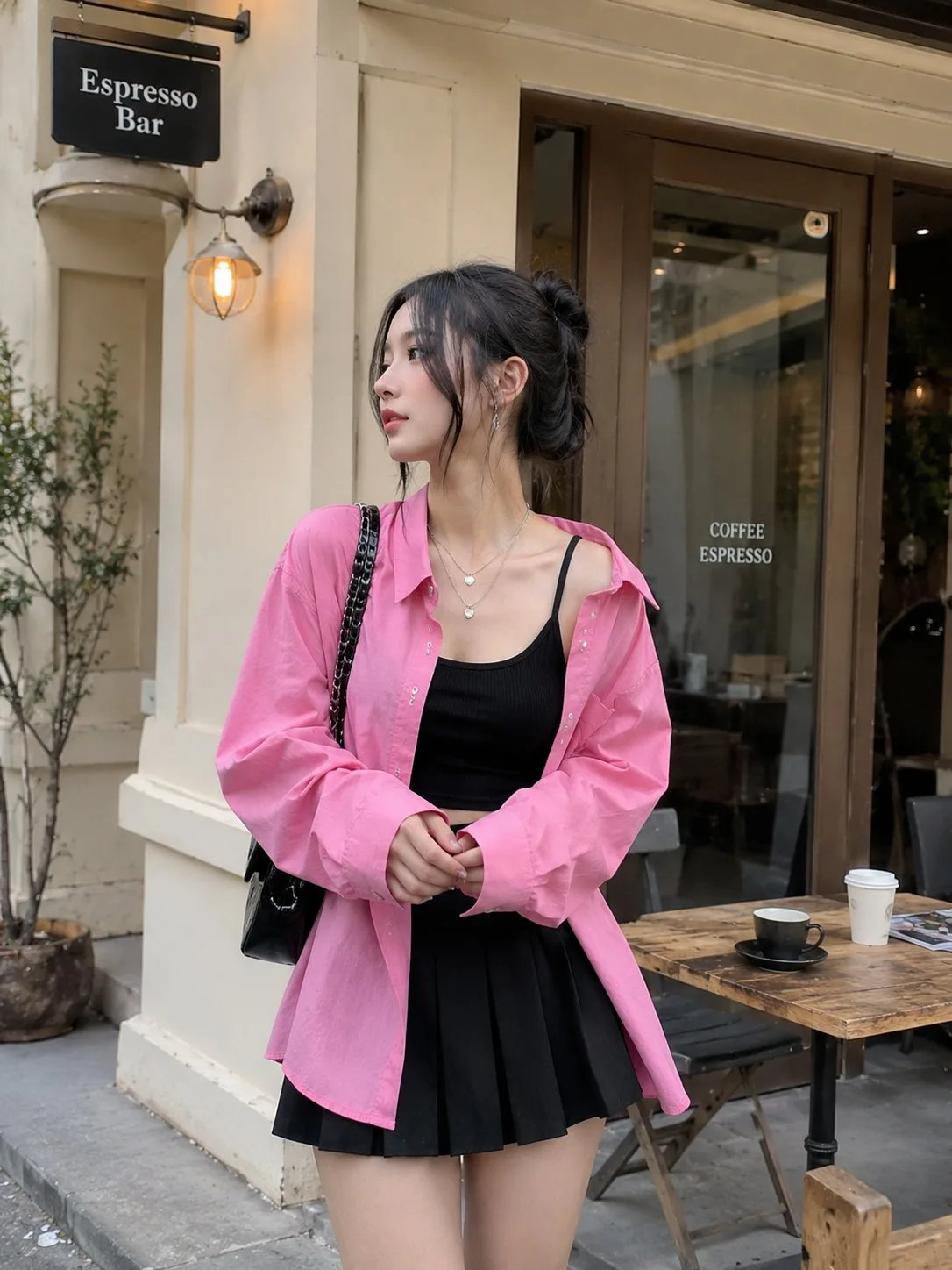 แฟชั่นสาวเสื้อชมพูสดใสหน้าร้านกาแฟสไตล์มินิมอล 1