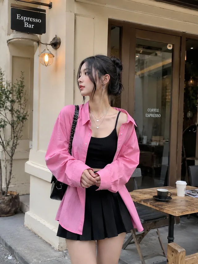 แฟชั่นสาวเสื้อชมพูสดใสหน้าร้านกาแฟสไตล์มินิมอล