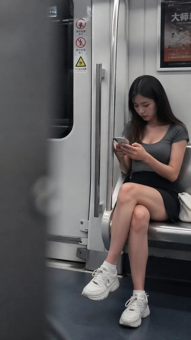 สาวจีนก้มหน้าเล่นมือถือในรถไฟใต้ดิน