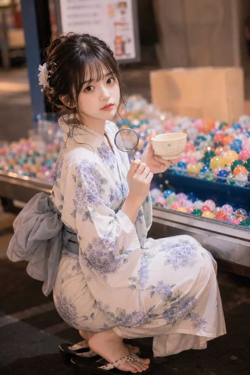 สาวชุดยูกาตะตักลูกโป่งน้ำในงานวัดหน้าร้อน 1