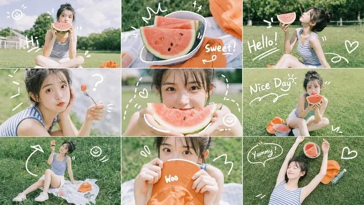 สาวกินแตงโมบนสนามหญ้าสไตล์ตาราง 9 ช่องรับซัมเมอร์ 1