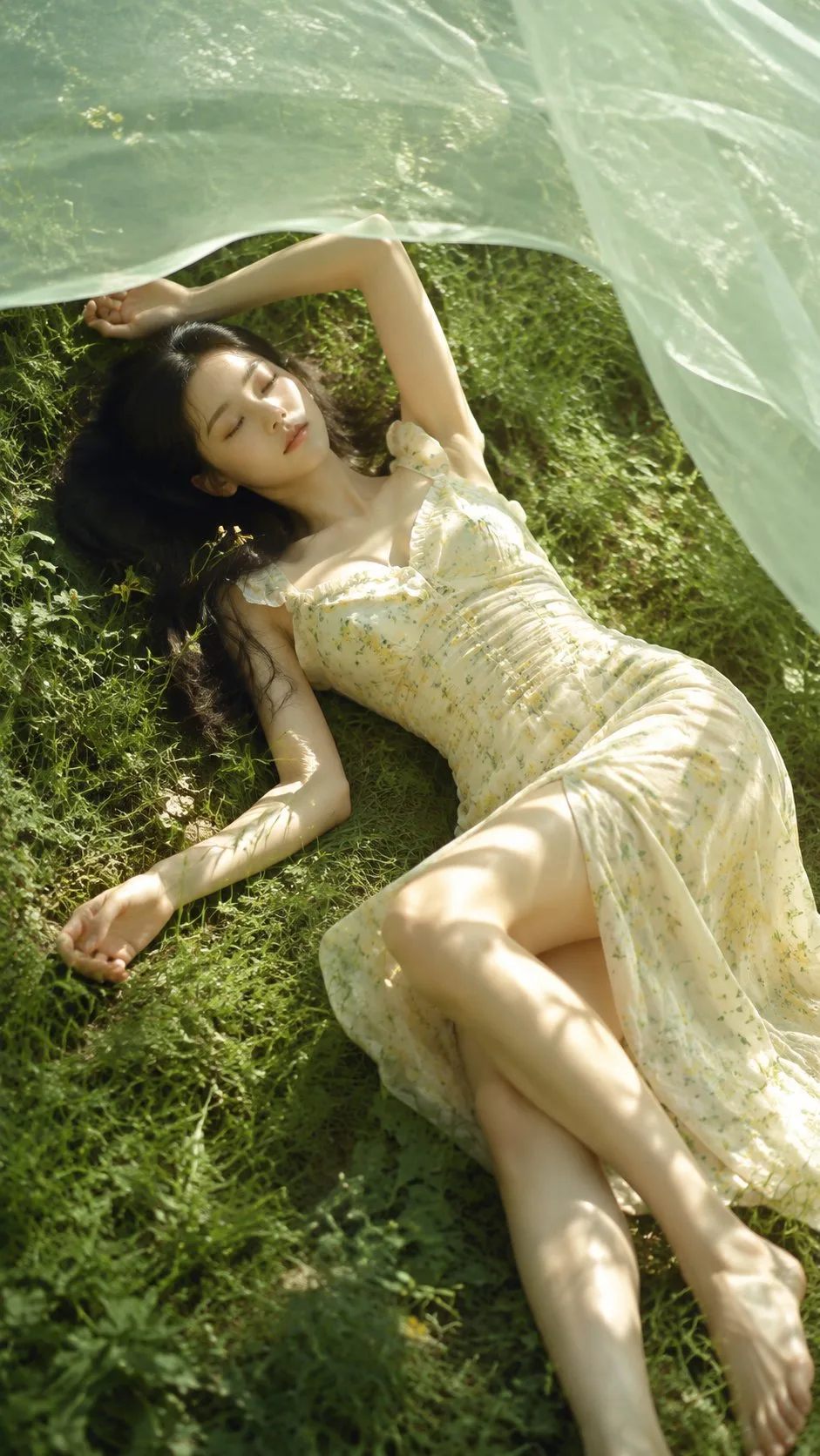 หญิงสาวพักผ่อนในทุ่งหญ้าหน้าร้อน ภาพเหมือนธรรมชาติ 1