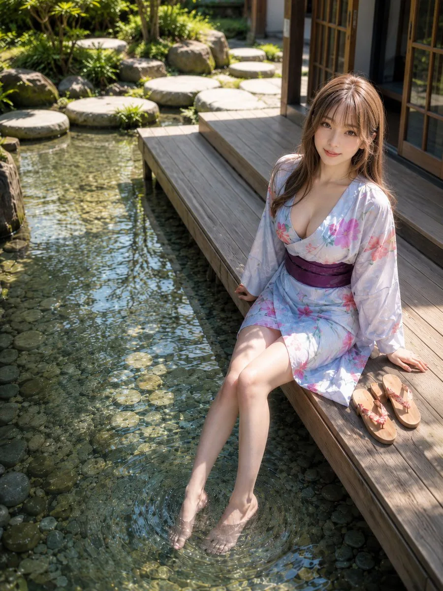 สาวญี่ปุ่นกับริ้วน้ำในสวนยามฤดูร้อน 1