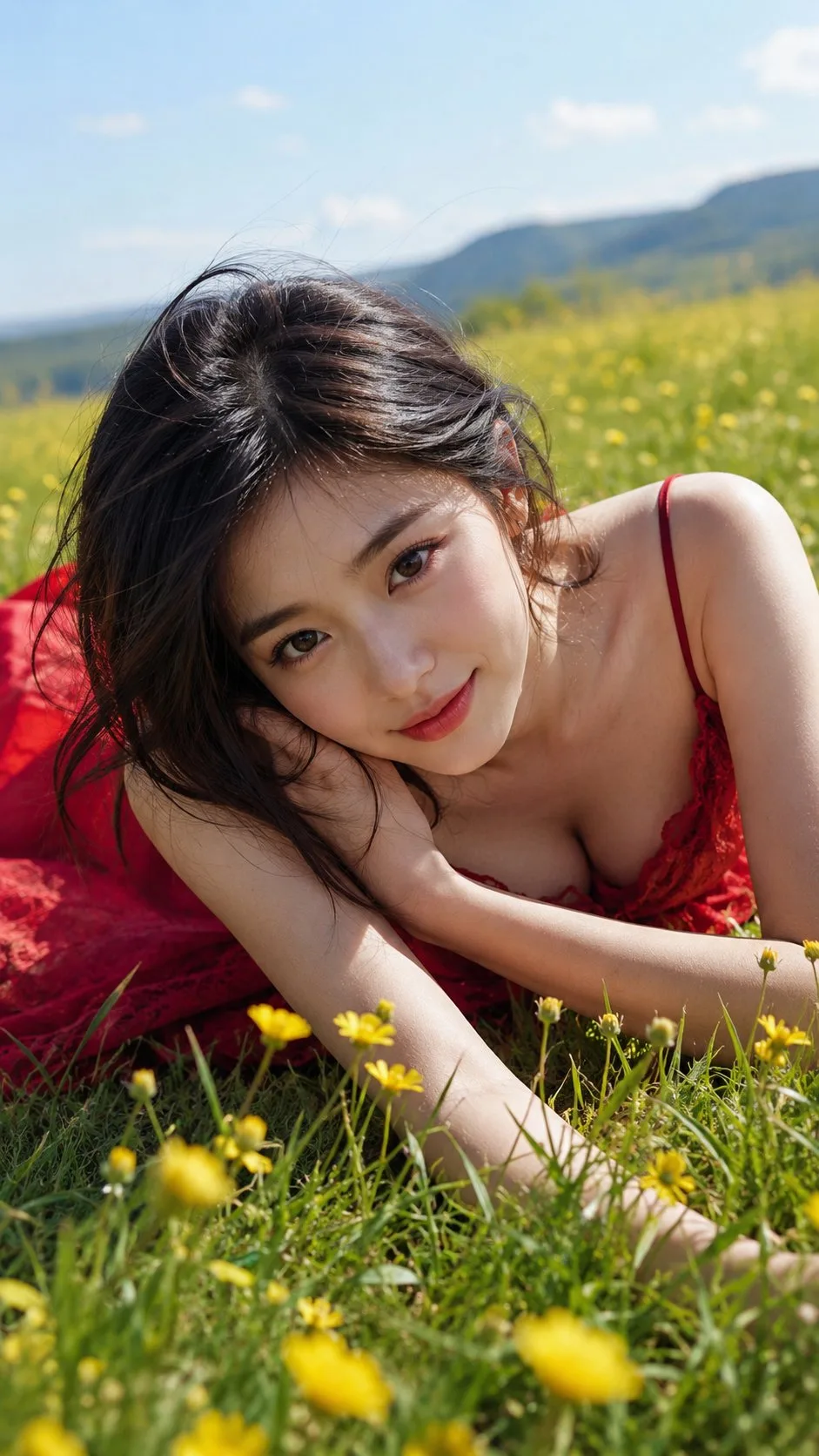 สาวเอเชียในทุ่งหญ้าหน้าร้อน ภาพเหมือนสมจริง 1