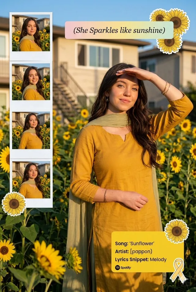 สาวสดใสในทุ่งทานตะวัน: คอลลาจสไตล์ IG