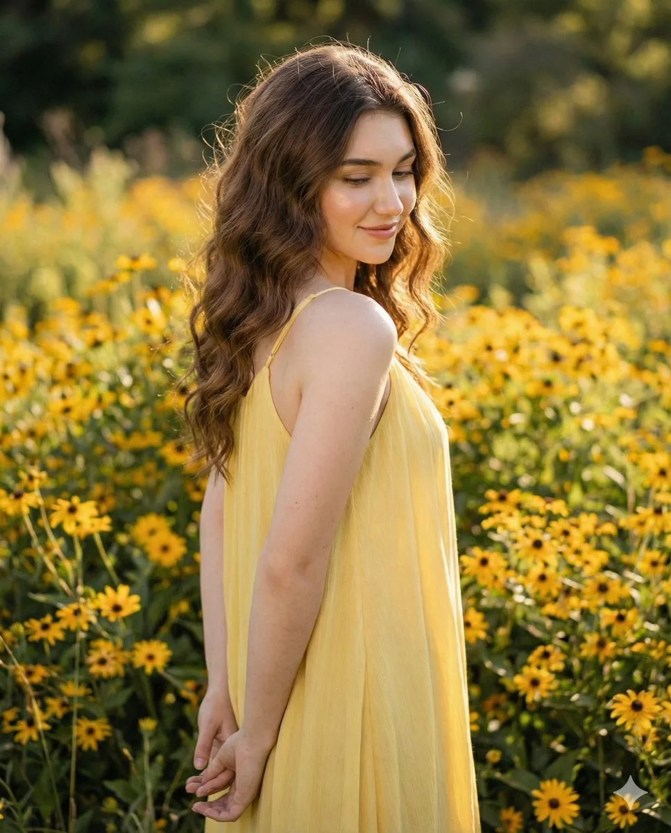 สาวหวานในสวนดอกไม้สีเหลือง แสงแฟลชจัดจ้าน 1