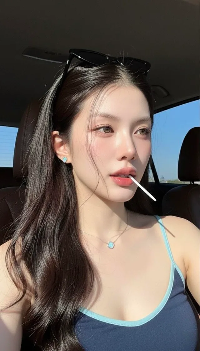 สาวเกาหลีใสบริสุทธิ์ในรถยนต์ท่ามกลางแสงและเงา