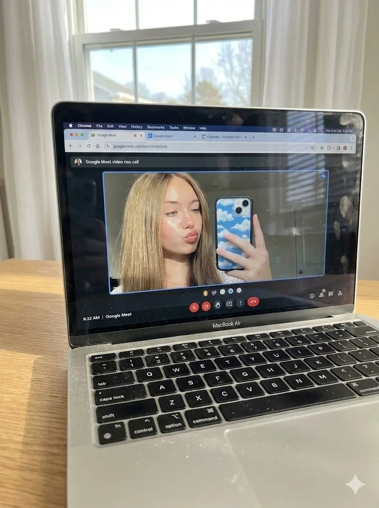 MacBook วิดีโอคอลสมจริงบนโต๊ะทำงานกลางแดด 1