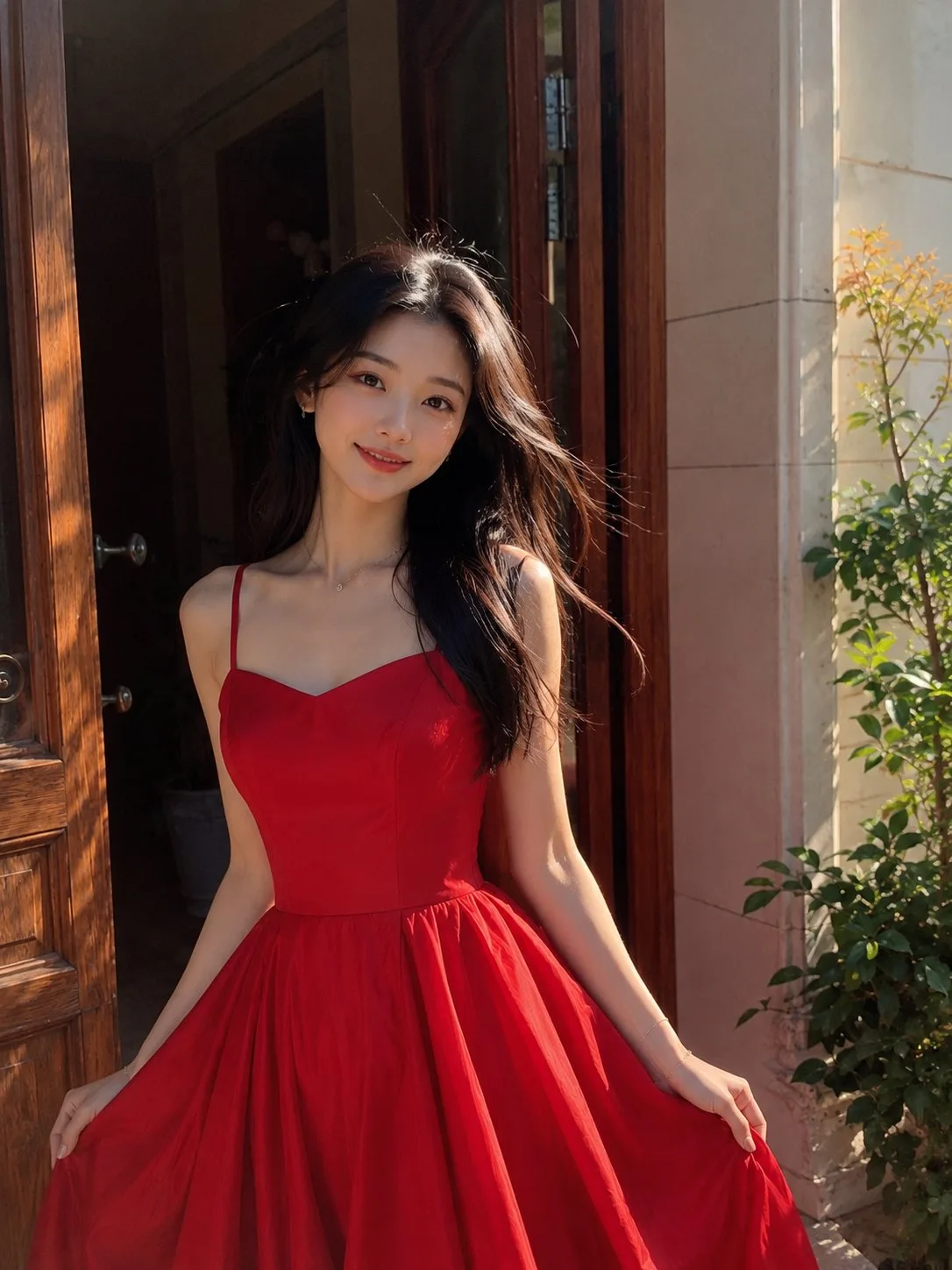 หญิงสาวเอเชียในชุดแดงริมประตู แสงแดดยามเย็น 1