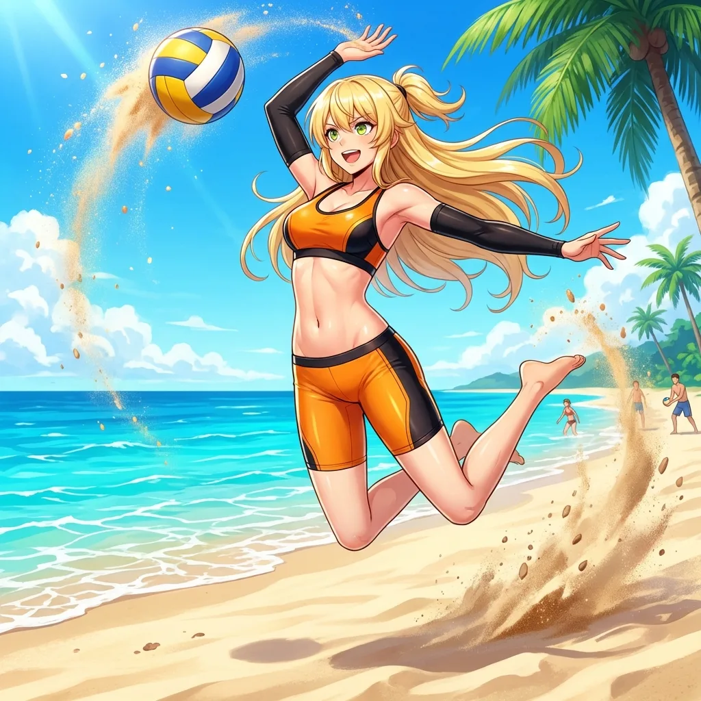 สาวนักวอลเลย์บอลชายหาดกระโดดตบเต็มแรงใต้แสงอาทิตย์ 1