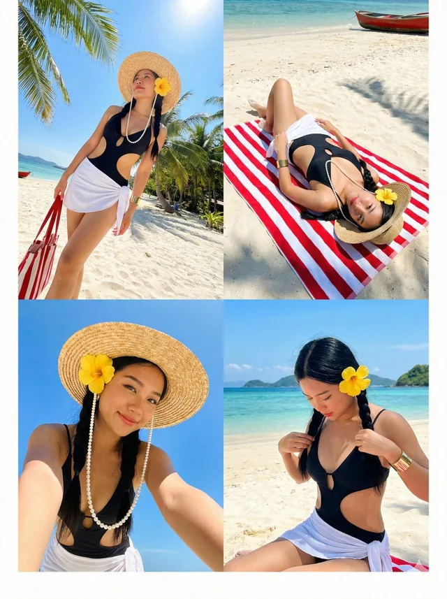 สาวหวานถ่ายรูปสี่ช่อง วิวทะเลสดใส