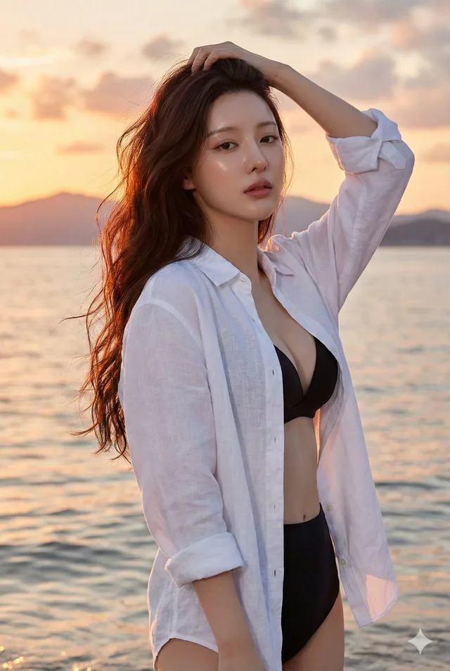 สาวสวยริมหาด ลูบผมท่ามกลางแสงอาทิตย์อัสดง