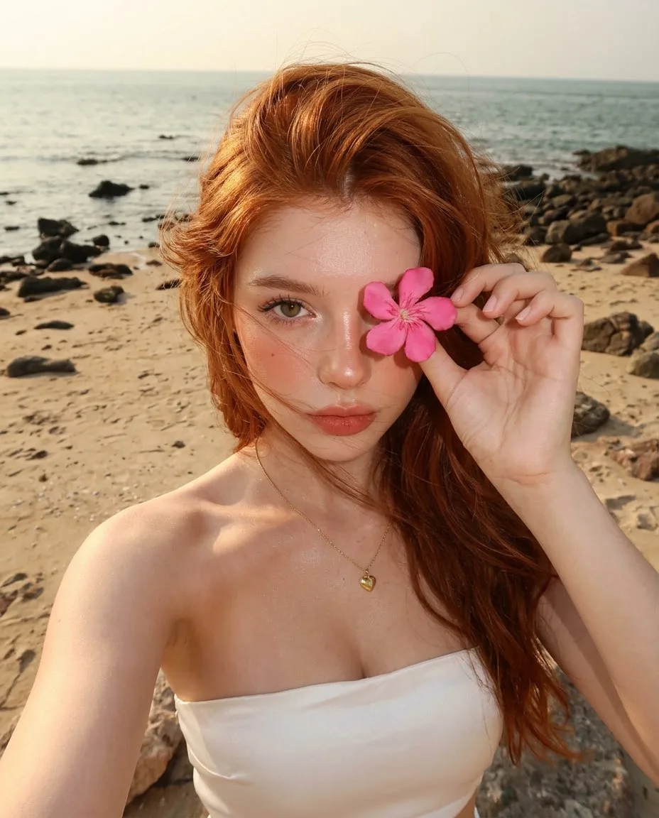 สาวผมแดงเซลฟี่ริมหาดพร้อมดอกไม้ในยามอาทิตย์อัสดง 1
