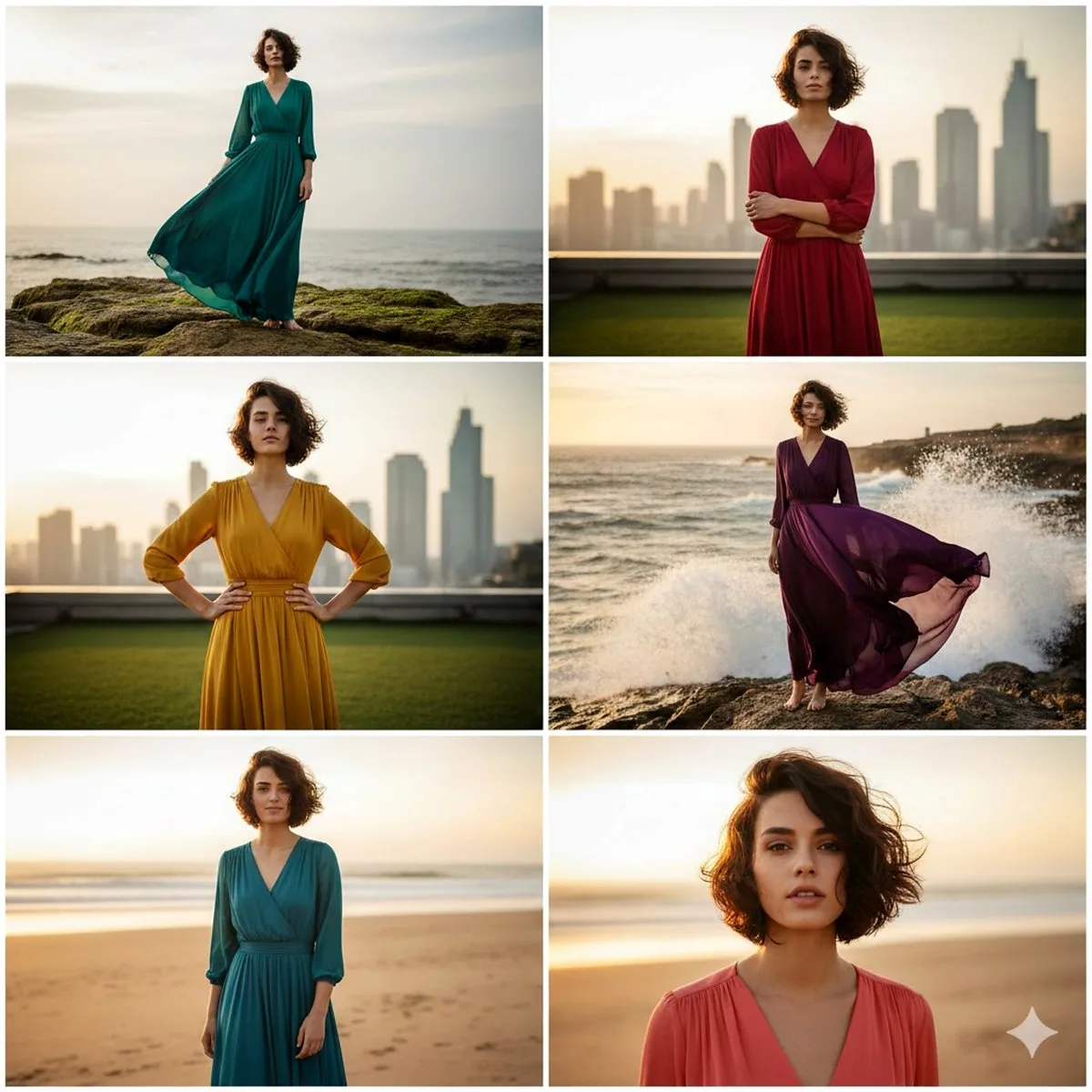 คอลลาจหญิงสาวชุดราตรี 6 สี ณ ชายฝั่งยามค่ำ 1