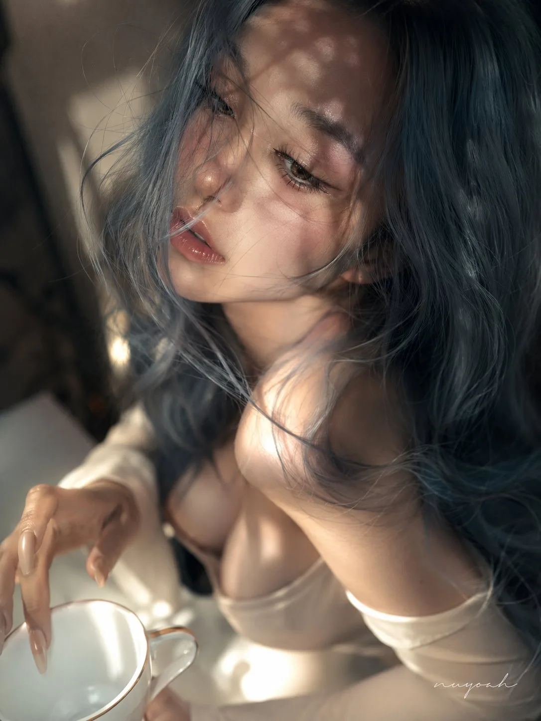 หญิงสาวผมยาวสีน้ำเงินเทาแนวเซอร์เรียล 1