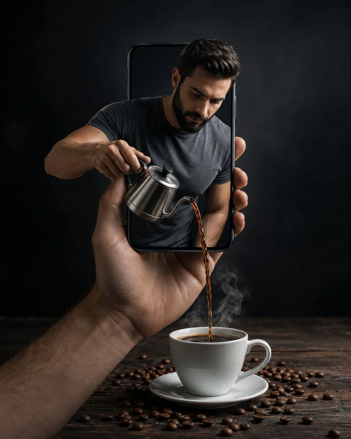 คนเทกาแฟจากจอสมาร์ทโฟน 1