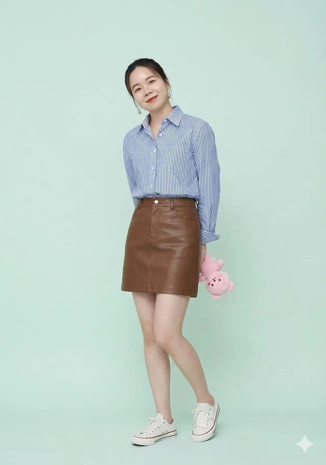 สาวหวานเสื้อลายทาง กระโปรงหนังสีน้ำตาล