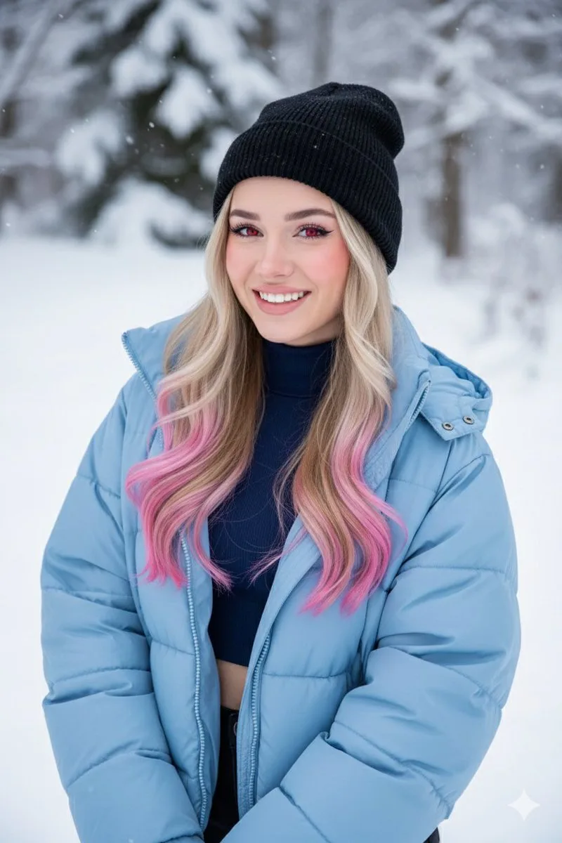 สาวหวานผมชมพูทอง ตาสีแดงสดใส ท่ามกลางหิมะ 1