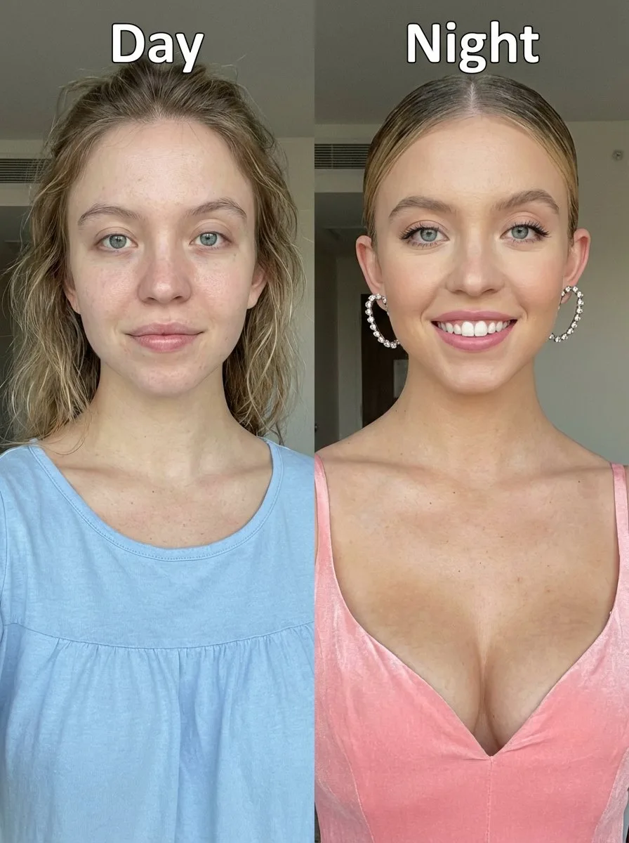 Sydney Sweeney: เปรียบเทียบหน้าสด vs. แต่งหน้ากลางวัน-กลางคืน 1