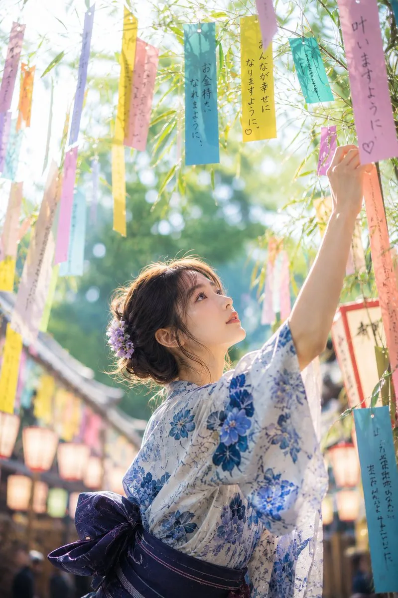 สาวชุดยูกาตะอธิษฐานวันทานาบาตะ ยามเช้าตรู่ที่ศาลเจ้า 1