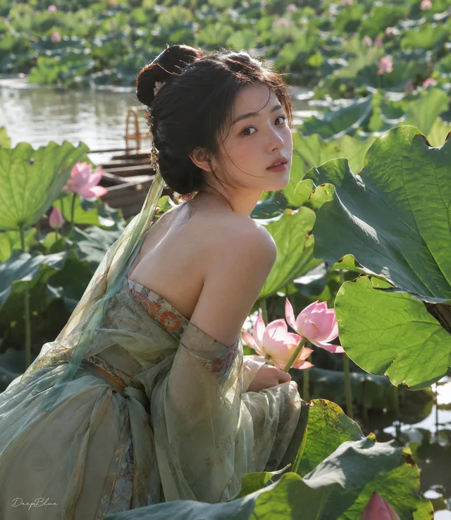 บันทึกภาพสาวเก็บดอกบัวยุคถัง (สมาร์ทโฟน)