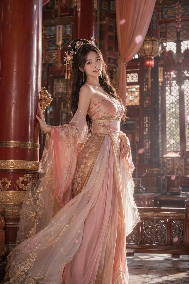 หญิงงามในชุดฮั่นฝูสมัยราชวงศ์ถัง ณ พระราชวัง