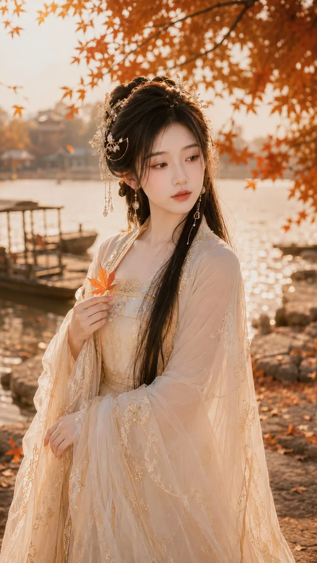 ภาพถ่ายหญิงสาวชาวจีนสไตล์เซียนเซี่ยริมแม่น้ำฤดูใบไม้ร่วง