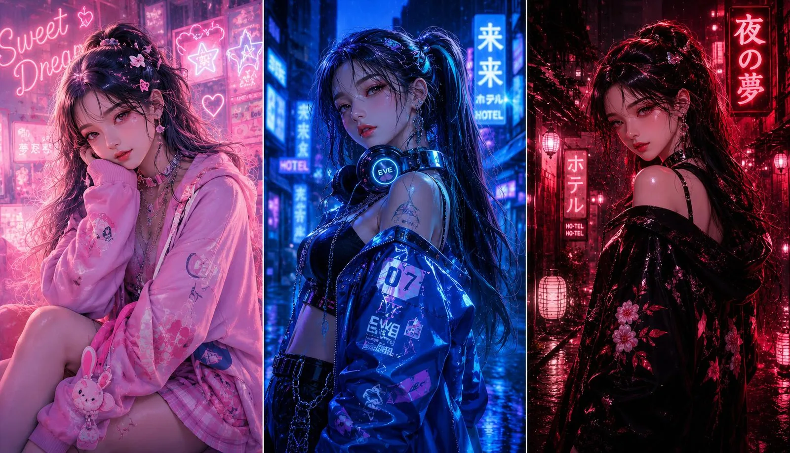 K-Pop อะนิเมะสาวแฟชั่นนีออน 3 ช่อง 1