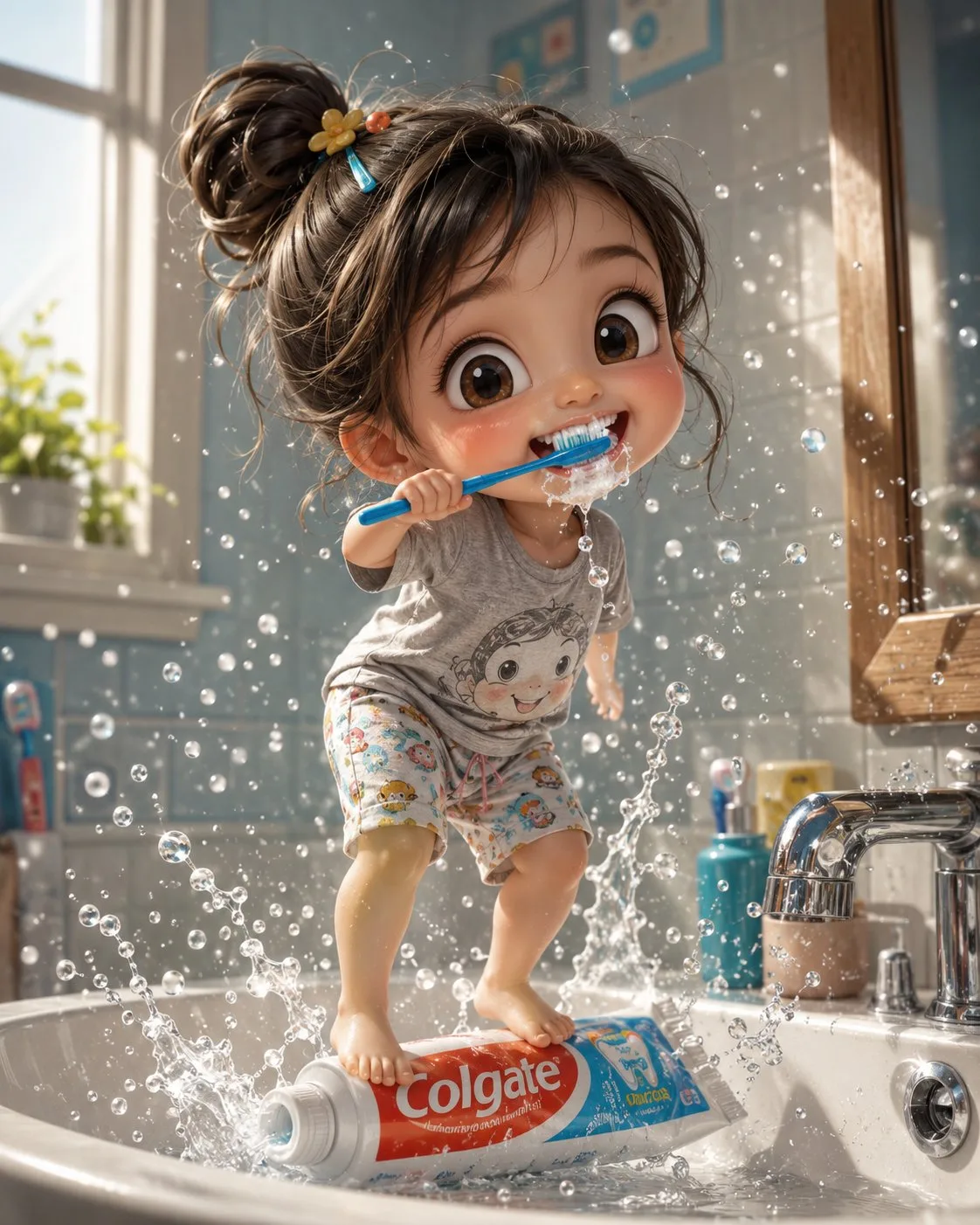ภาพ 3D เด็กน้อยน่ารักแปรงฟันในอ่างล้างหน้า 1