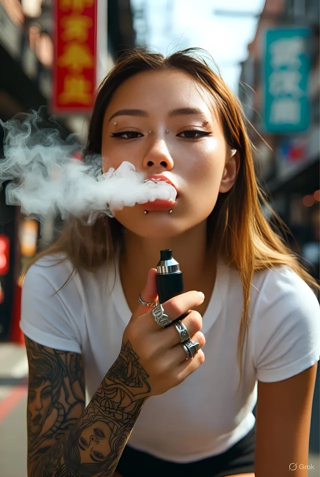 สาวเท่ทัตตู โตเกียว สูดบุหรี่ไฟฟ้า กลางแดด