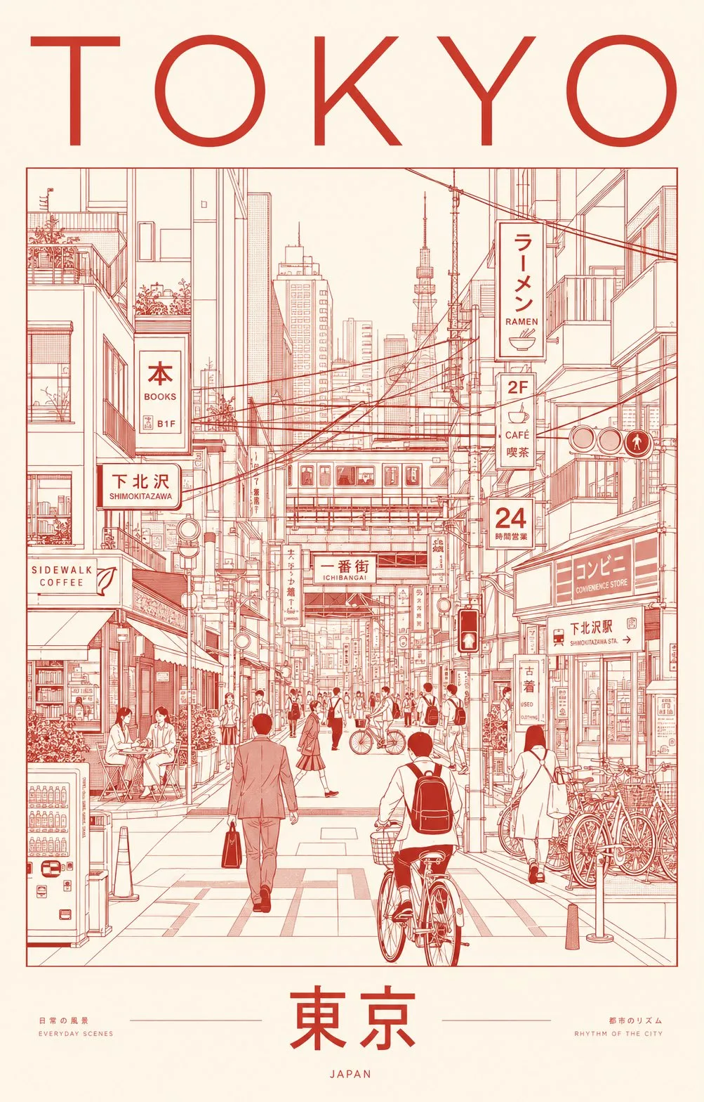 โปสเตอร์ภาพเส้นเมืองโตเกียว สไตล์มินิมอล 1