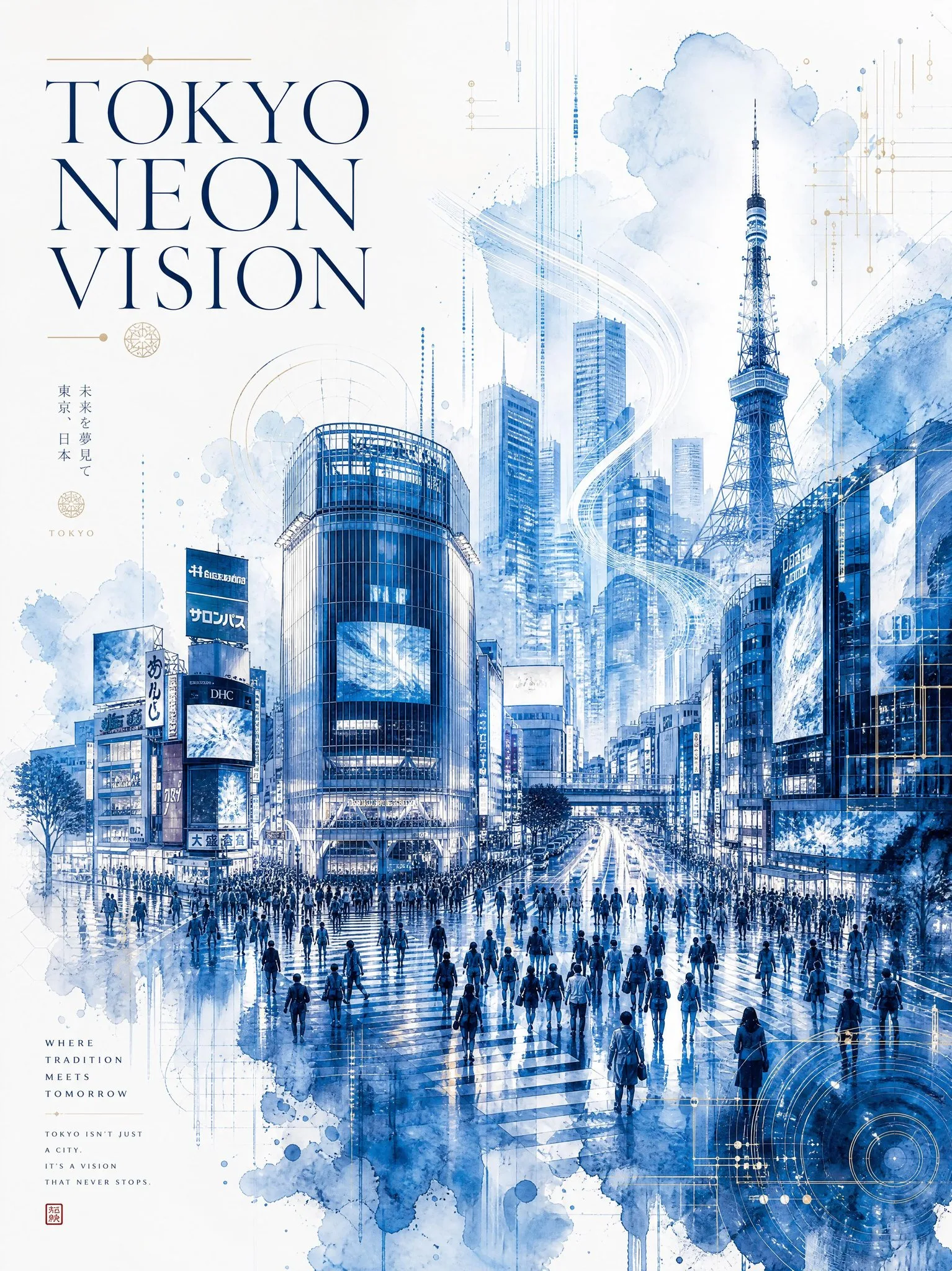 โปสเตอร์ภาพวาดสีน้ำ โตเกียว นีออน ในโทนสีน้ำเงินโคบอลต์ 1