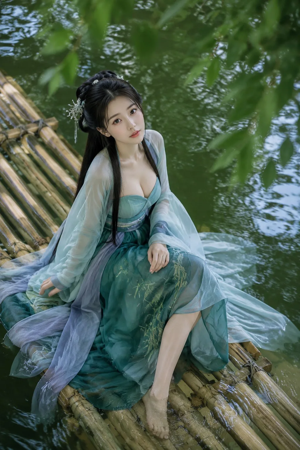 หญิงสาวชุดจีนโบราณบนแพไม้ไผ่ (มุมสูง) 1