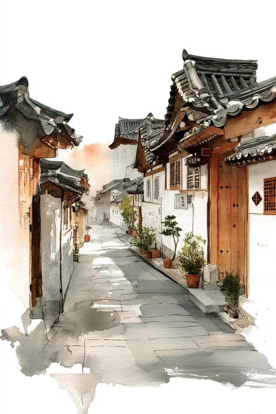บ้านฮานอกเกาหลีแบบดั้งเดิม: ภาพวาดสเก็ตช์สีน้ำ 2
