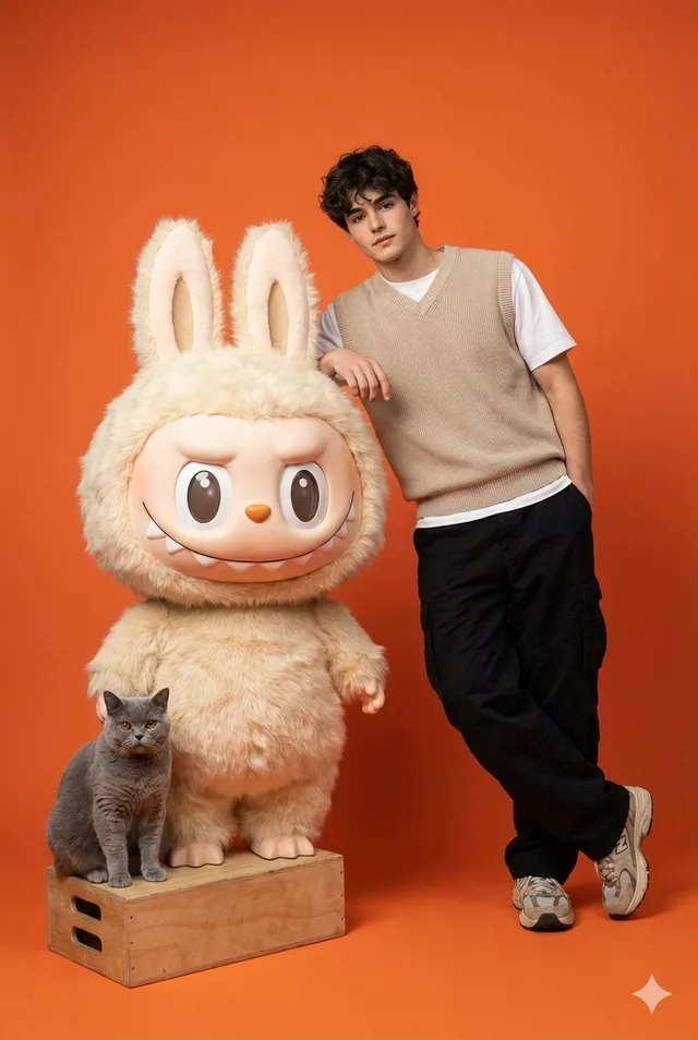 แฟชั่นหนุ่มชิคกับ Labubu และแมวส้ม