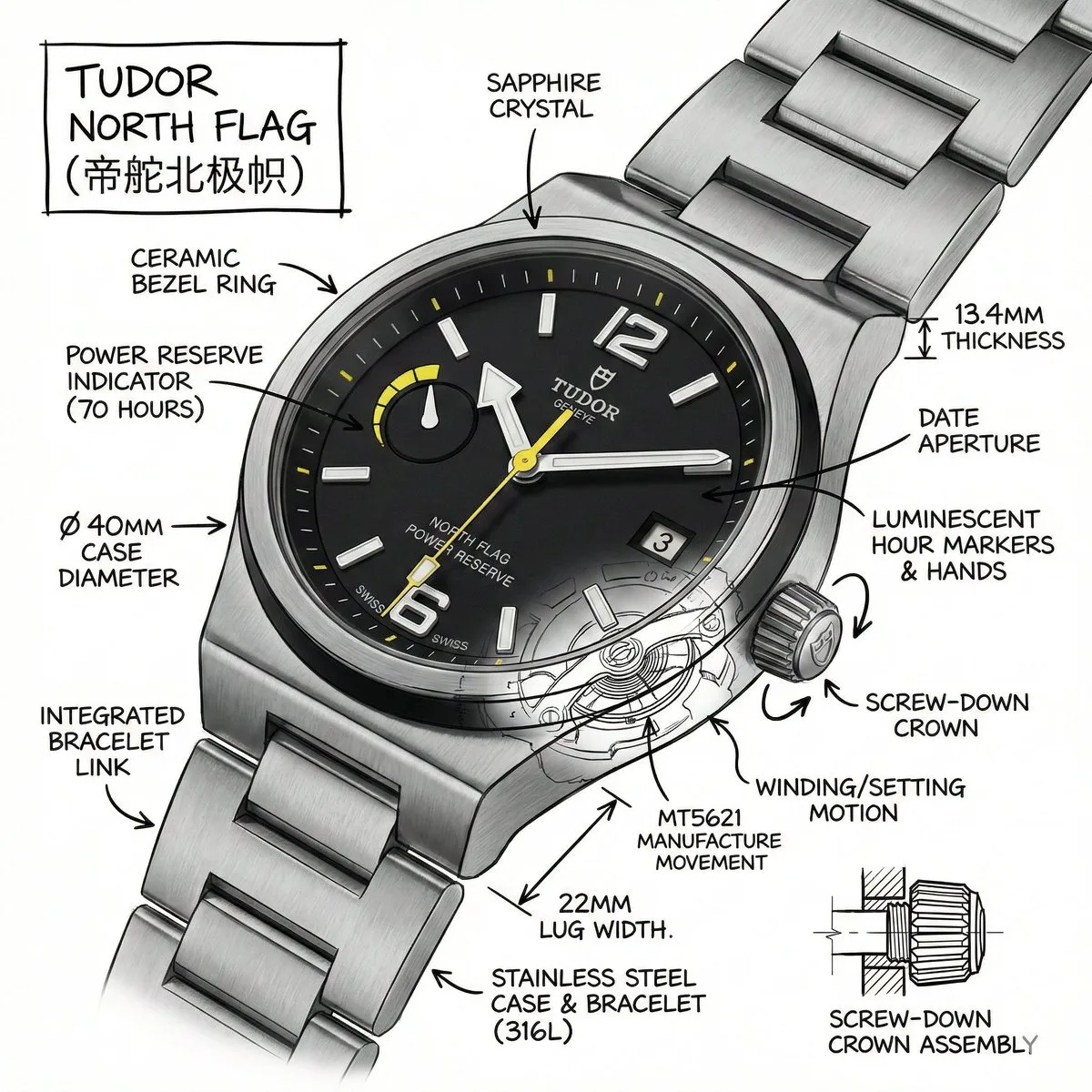 อินโฟกราฟิกนาฬิกา Tudor North Flag แบบละเอียด 1