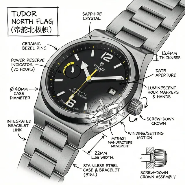 อินโฟกราฟิกนาฬิกา Tudor North Flag แบบละเอียด
