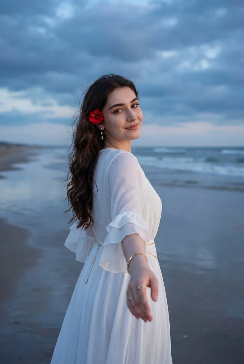 สาวชุดขาวริมหาดทรายยามพลบค่ำ หันกลับมามองอย่างลึกซึ้ง 1