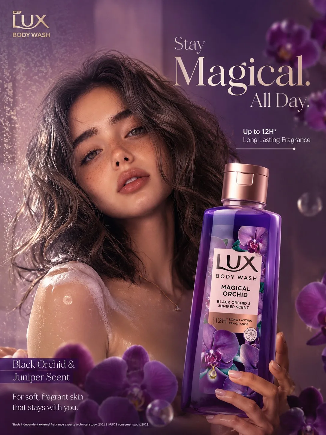โปสเตอร์โฆษณาสบู่เหลวกลิ่นกล้วยไม้สีม่วง หรูหราสมจริง 1