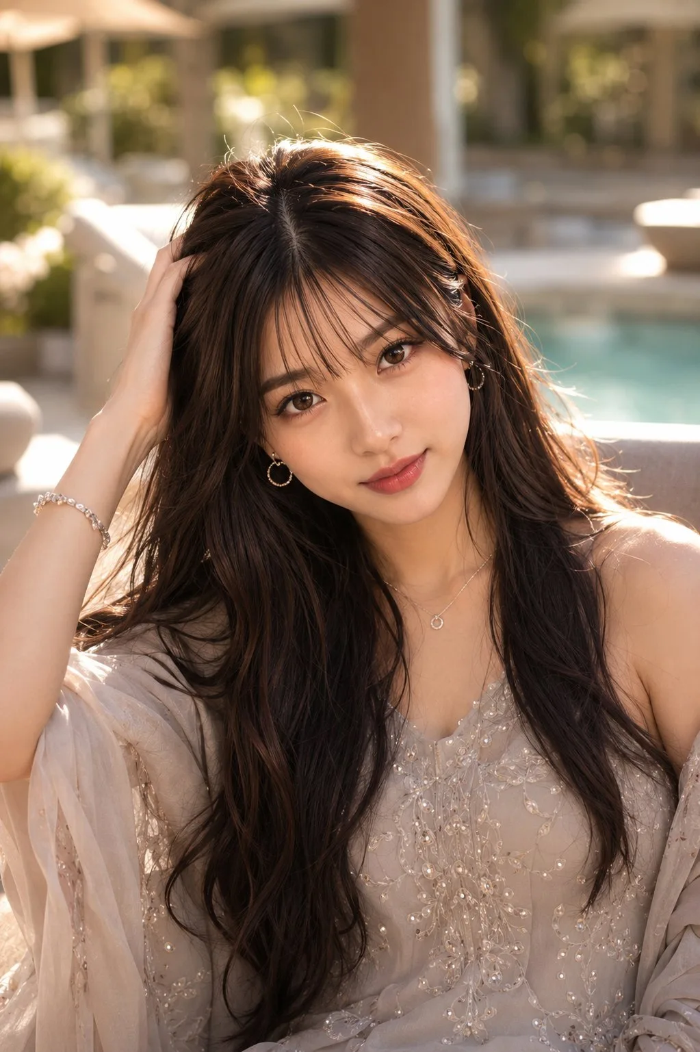 หญิงสาวผมน้ำตาลยาวหรูหรา กลางแจ้ง 1