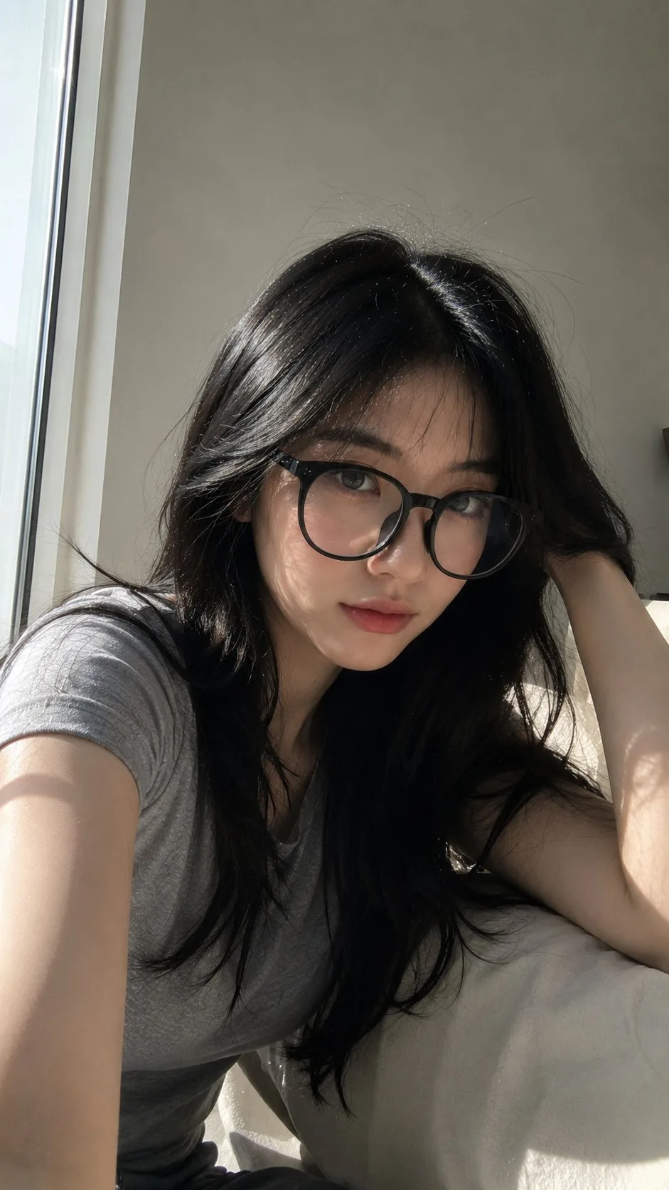 เซลฟี่สาวเอเชียริมหน้าต่าง แสงแดดส่องสว่าง 1