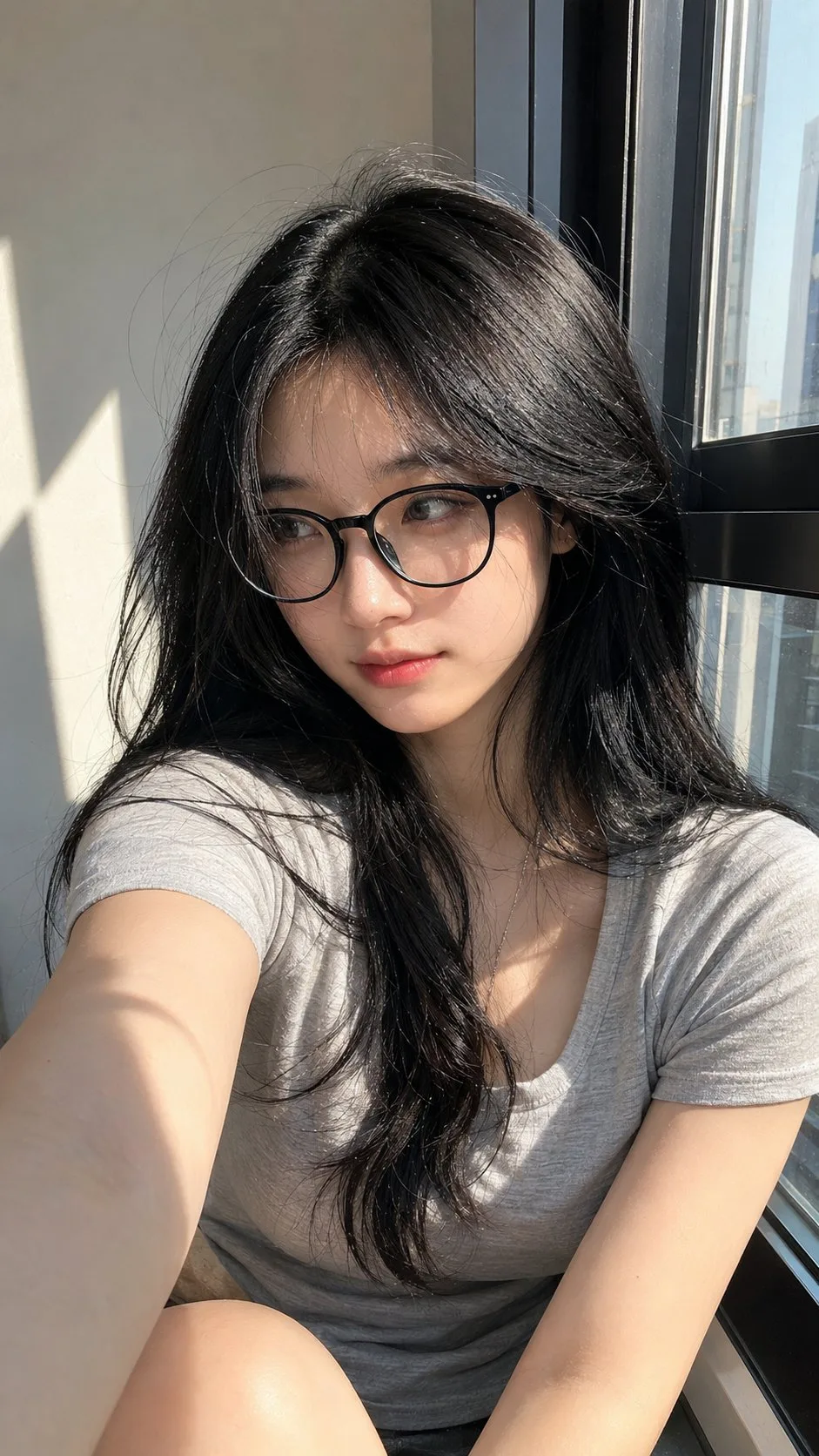 เซลฟี่สาวเอเชียริมหน้าต่าง แสงแดดส่องสว่าง 2