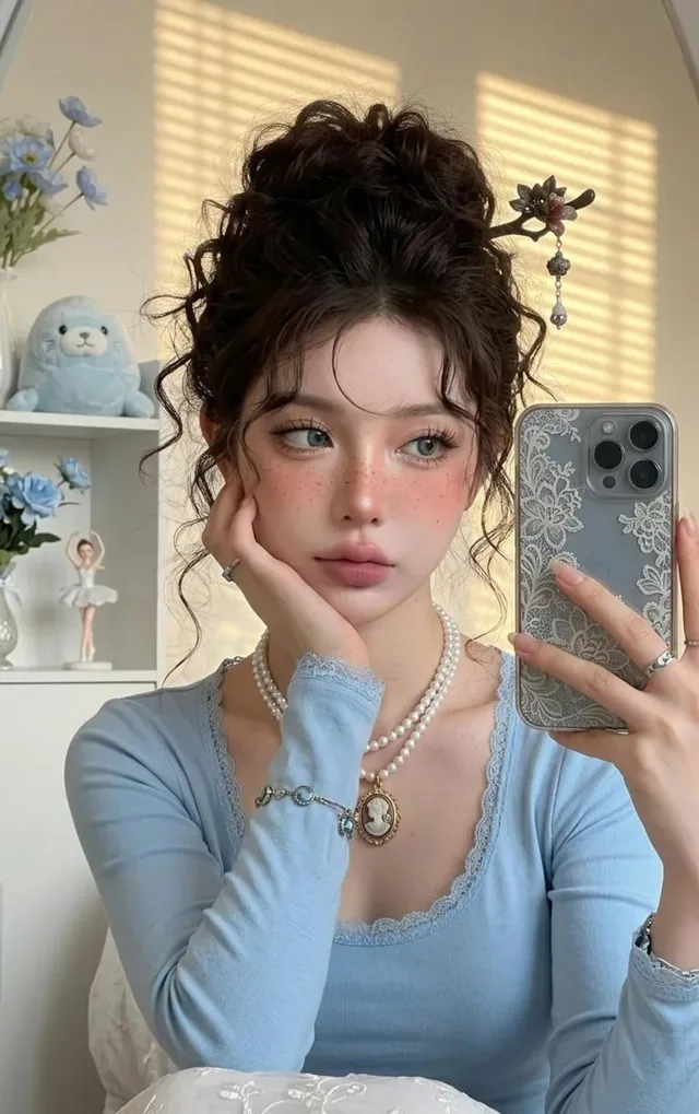 เซลฟี่สาวสวยชุดลูกไม้สีฟ้า หน้ากระจก