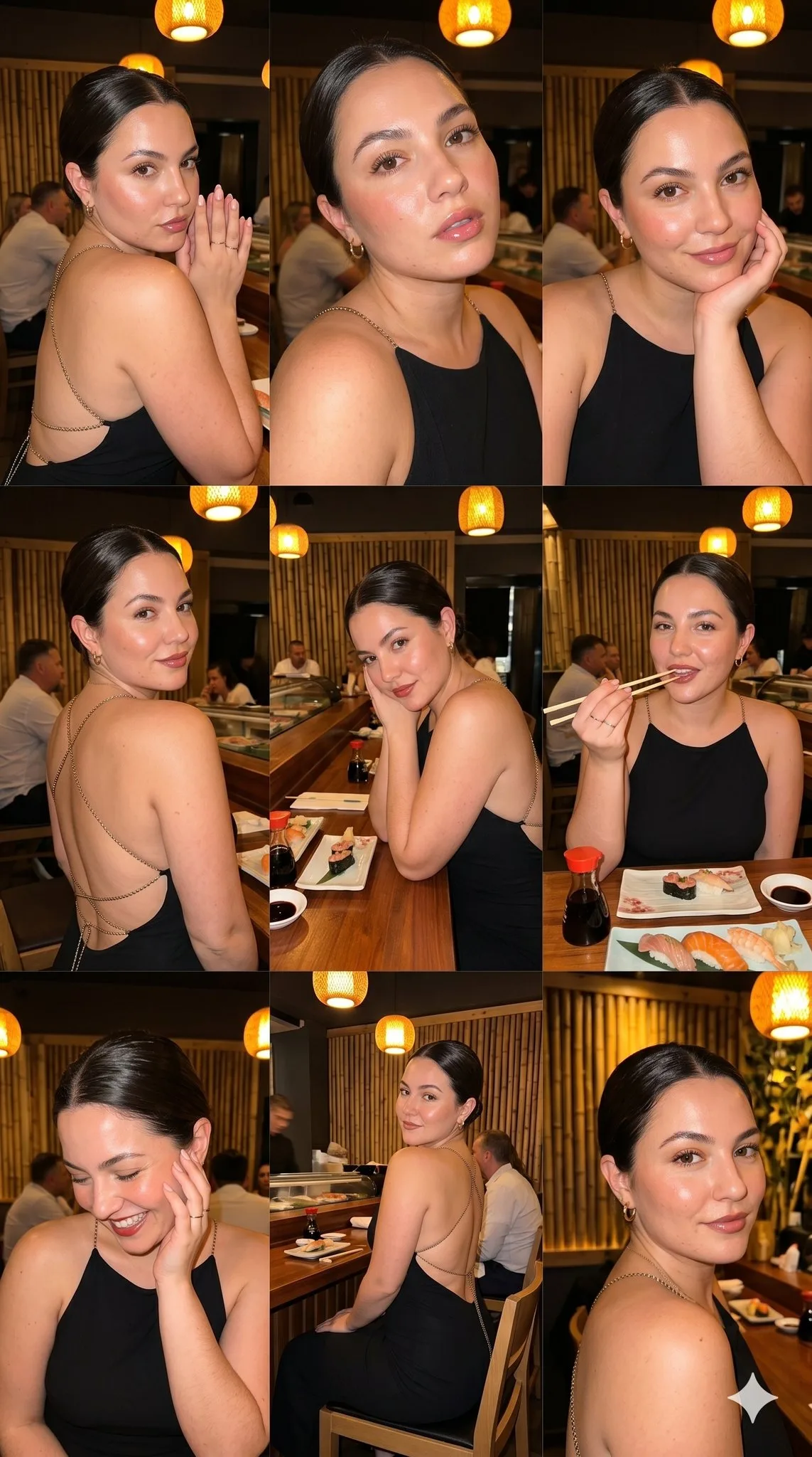 คอลลาจเซลฟี่สาวสวยชุดราตรีดำในร้านซูชิหรู 1