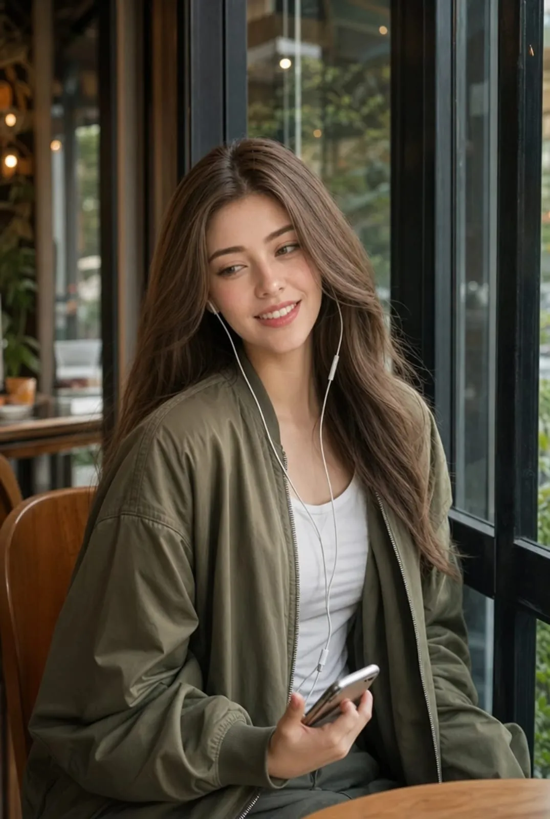 หญิงสาวเอเชียในร้านกาแฟ: ภาพเหมือนจริงริมหน้าต่าง 1