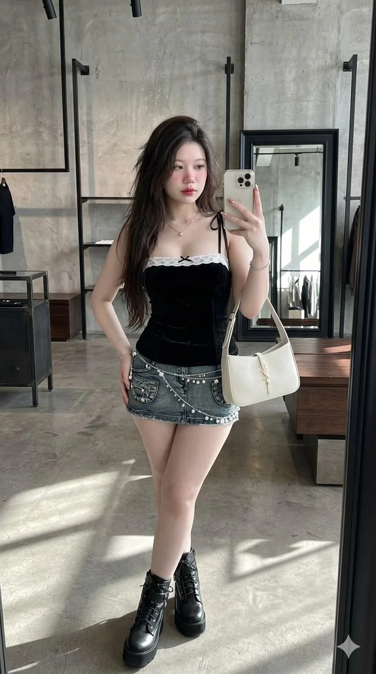 สาวเอเชียเซลฟี่กระจกในคาเฟ่สไตล์ลอฟท์ 1