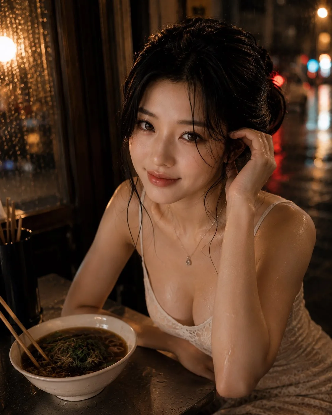 สาวเอเชียกับร้านบะหมี่ริมทางยามค่ำคืน 1